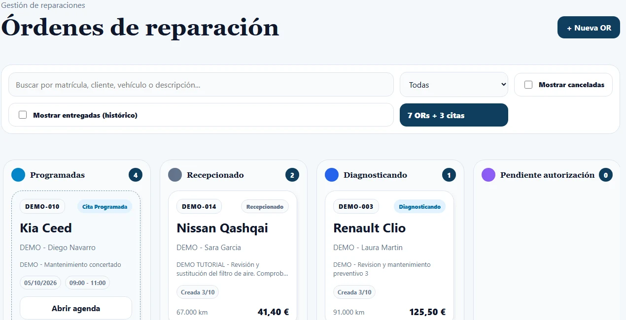 Kanban real de órdenes de reparación de Vordix con vehículos ficticios de la DEMO